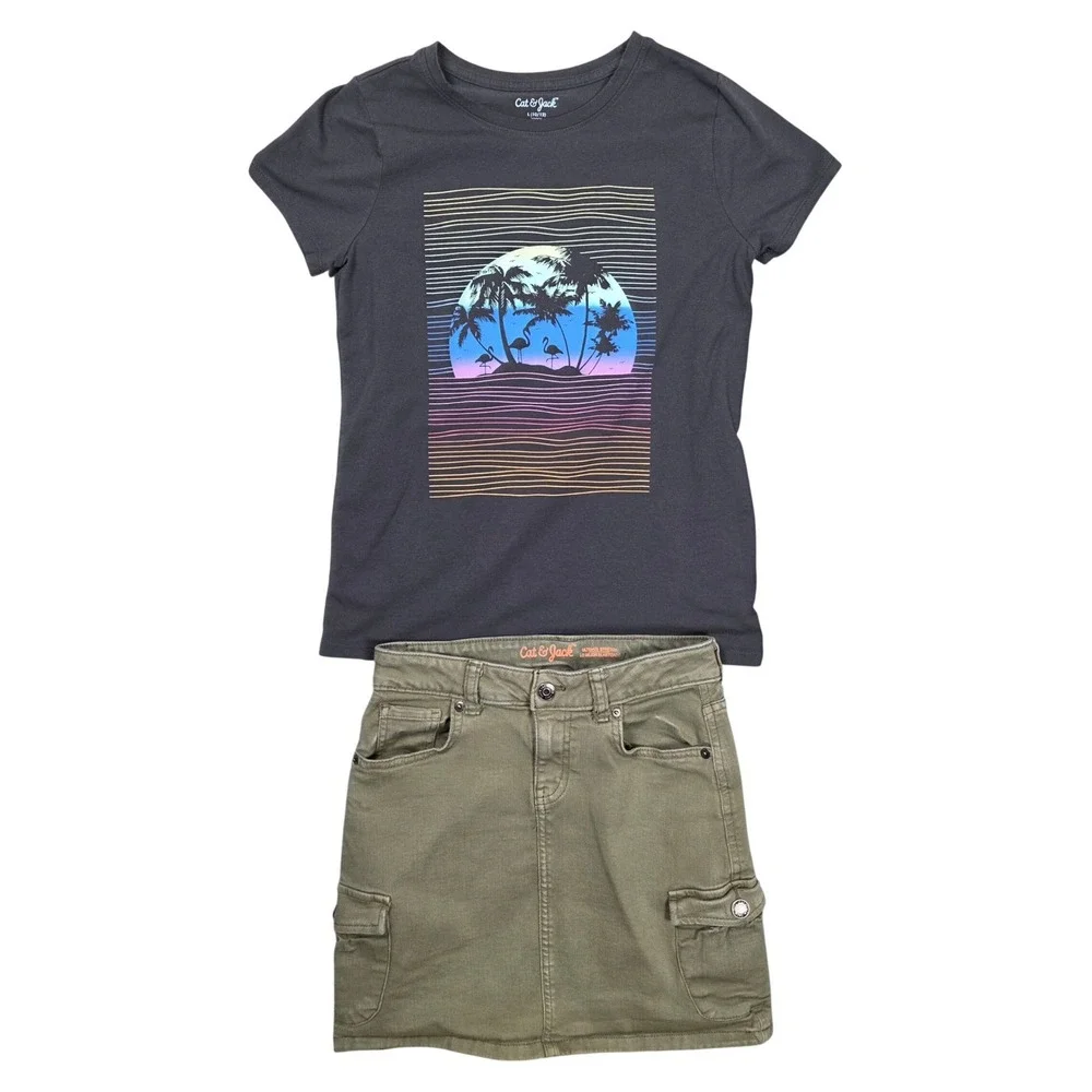 Cat‎ & Jack Girls Palm Tree Tee & Cargo Skirt Set L 10/12 Retro